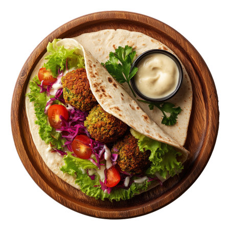 Falafel wrap filled with fresh vegetables and tahini drizzle sauce served on wooden plate, isolated on white transparent background, concept of healthy eating Arabic cuisineの素材