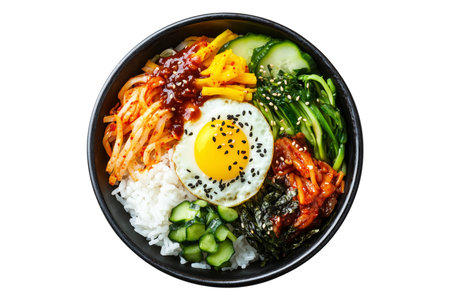 Korean bibimbap dish with fresh vegetables, fried egg, and gochujang sauce in black bowl isolated on white transparent background, concept of healthy foodの素材