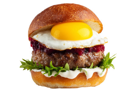 hamburger with egg and salad isolated on a white background.の素材
