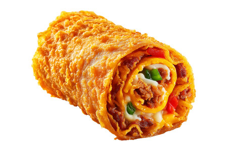 Australia Chiko Roll or crispy fried chicken wrap stuffed with melted cheese, bell peppers, and meat, isolated on white transparent backgroundの素材