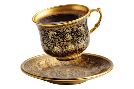 Golden coffee cup with intricate patterns filled with Arabic cardamom spiced dark coffee Qahwa placed on saucer isolated on white transparent backgroundの素材