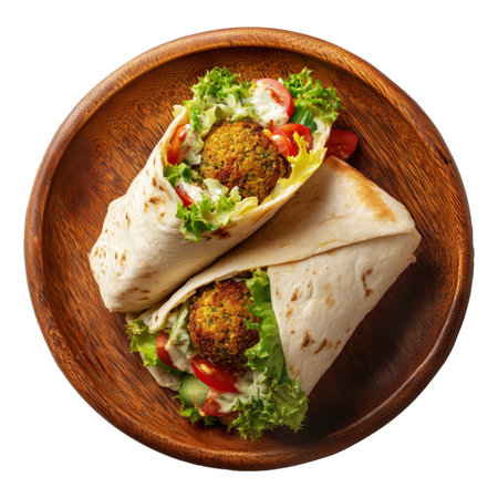 Falafel wrap filled with fresh vegetables and tahini drizzle sauce served on wooden plate, isolated on white transparent background, concept of healthy eating Arabic cuisineの素材