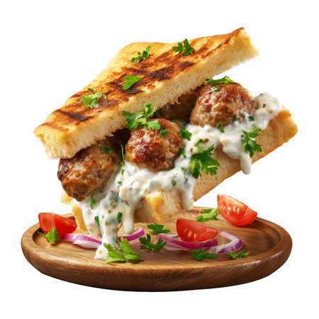 Meatballs sandwich with white sauce on wooden board isolated on white backgroundの素材