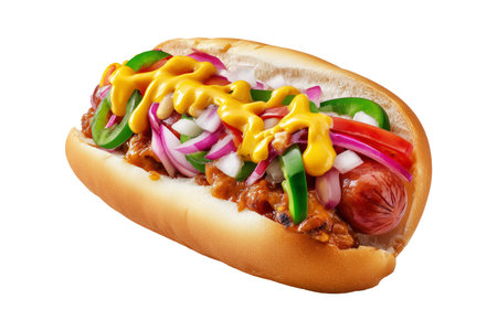 Colombia Perro Caliente Hot Dog Colombiano topped with mustard, red onions, jalapenos, tomatoes, isolated on white backgroundの素材