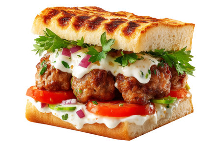 Sandwich with meatballs and vegetables isolated on a white background.の素材