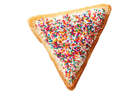 Australia fairy bread with white frosting and multicolored sprinkles, isolated on white transparent background.の素材