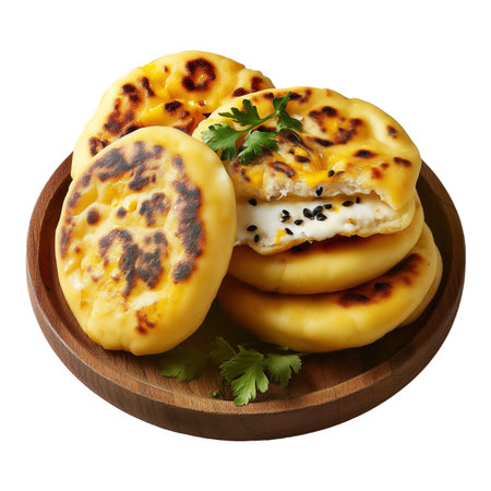 Arepas flatbreads stuffed corn cake revealing a rich filling of minced meat, egg and melted cheese on wooden plate, isolated on white transparent background. Venezuelan street foodの素材