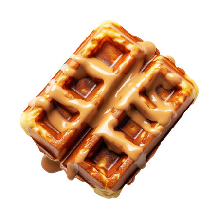 Tasty golden-brown waffle topped with creamy caramel sauce, isolated on white transparent background. Concept of sweet breakfast or dessert treatの素材