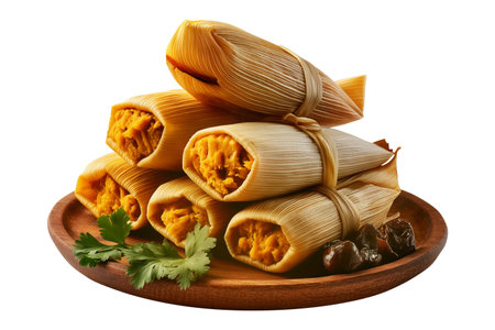 Peru Corn tamales with meat filling and steamed vegetables, wrapped in corn husks on wooden plate, isolated on white transparent background, concept of traditional cuisineの素材
