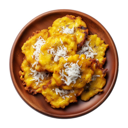Colombia Patacones fried green plantains slices served with a fresh onion and cheese salad in a rustic wooden bowl , isolated on white transparent background, tropical fast food conceptの素材