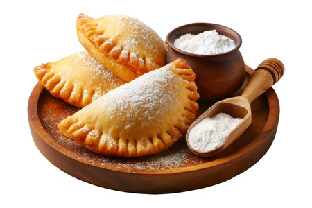 Fried baked pastry empanadas filled with ground beef cheese ham and crimped edges on wooden plate, isolated on white transparent background, concept of traditional Argentina snackの素材