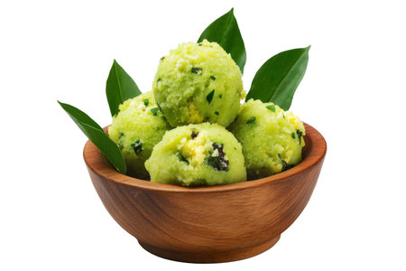 Mashed green plantains mixed with cheese or pork, shaped into balls in wooden bowl, isolated on white transparent background. Concept of Ecuador Bolon de Verde homemade vegetarian cuisineの素材