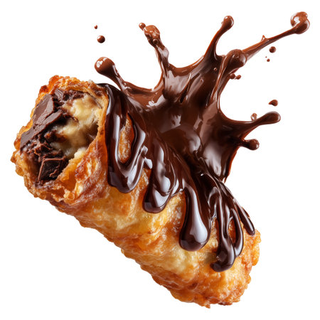 Deep-fried moro bar pastry stuffed with chocolate chunks and covered in melted chocolate, isolated on white transparent background, concept of New Zealand sweet dessertの素材