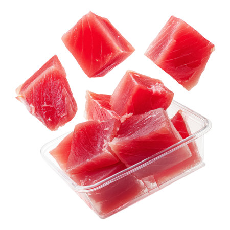Pieces of tuna meat in plastic container isolated on white background.の素材