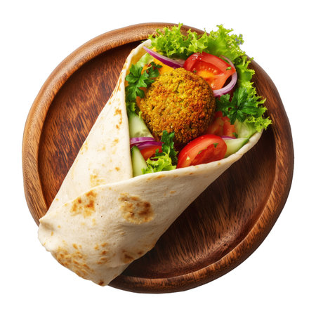Falafel wrap filled with fresh vegetables and tahini drizzle sauce served on wooden plate, isolated on white transparent background, concept of healthy eating Arabic cuisineの素材