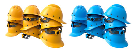 Set of construction safety helmets isolated on white transparent background, symbolizing safety and...