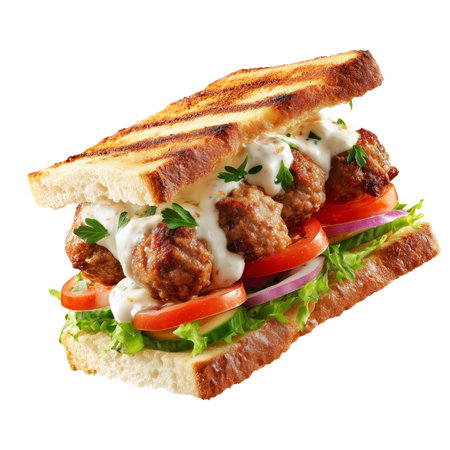 Tasty sandwich with meatballs, tomato and onion on white backgroundの素材