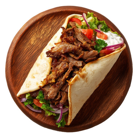 Tasty shawarma wrap in flatbread filled with grilled beef, lettuce, tomato, pickles with garlic sauce on rustic wooden plate, isolated on white background, concept of fast foodの素材