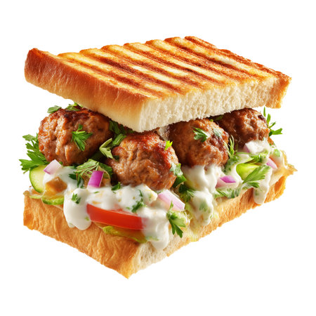 Sandwich with meatballs and vegetables isolated on a white background.の素材