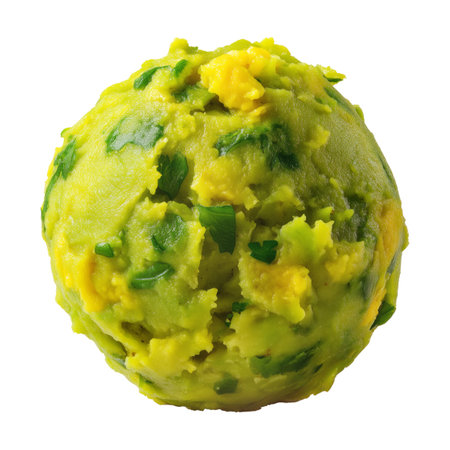 Mashed green plantains mixed with cheese or pork, shaped into balls, isolated on white transparent background. Concept of Ecuador Bolon de Verde homemade vegetarian cuisineの素材