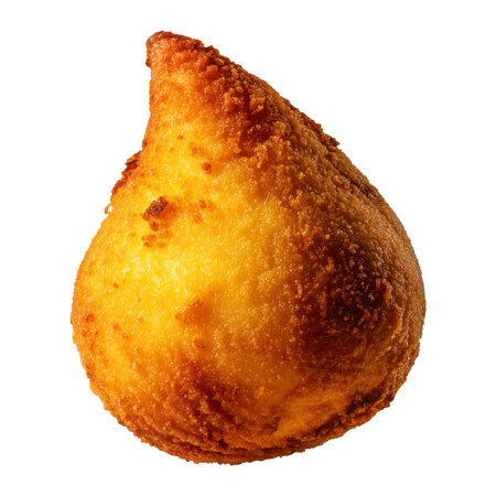Fried Brazilian coxinha cone snack filled shredded chicken cheese with golden crispy texture isolated on white transparent background, concept of traditional street foodの素材