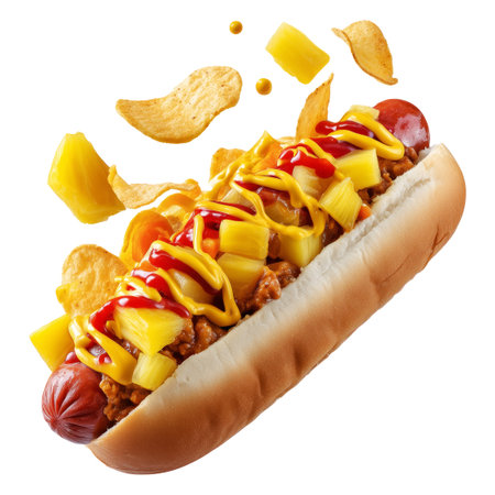 Colombia Perro Caliente Hot Dog Colombiano topped with mustard, pineapple chunks, ketchup, and chips, isolated on white transparent background, concept of fast food and street cuisineの素材