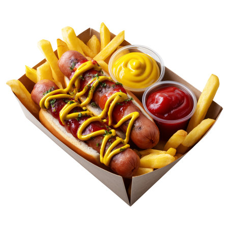 Grilled sausage with mustard and ketchup served on French fries in paper tray, isolated on transparent white background, concept of Peru Salchipapas Fried hot dog, fast food mealの素材