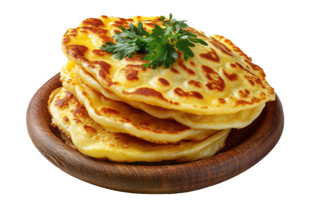 Grilled cheese quesadilla or Cachapas sweet corn pancakes with melted white cheese stacked on wooden plate, isolated on white transparent background, concept of Venezuela street fast foodの素材