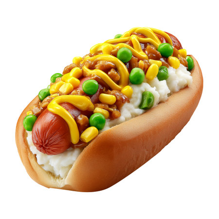 Brazil Hot Dog Completo overloaded hot dog with mustard, veggies, and cheese on sesame bun, isolated on white transparent background, concept of fast foodの素材