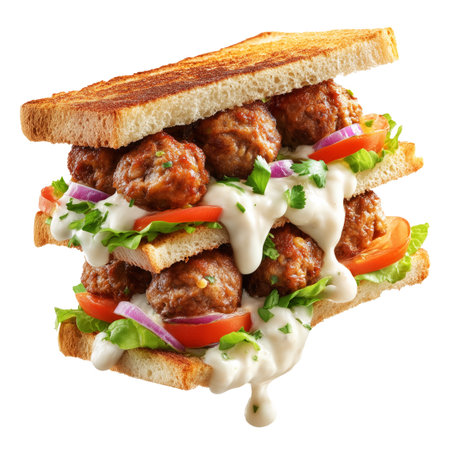 Kofta meatball sandwich with creamy tahini sauce, lettuce, tomatoes, parsley and onions on focaccia bread, isolated on white transparent background, concept of Modern Arabic lunch and street fast foodの素材