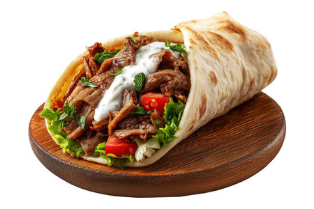 Tasty shawarma wrap in flatbread filled with grilled beef, lettuce, tomato, pickles with garlic sauce on rustic wooden plate, isolated on white background, concept of fast foodの素材