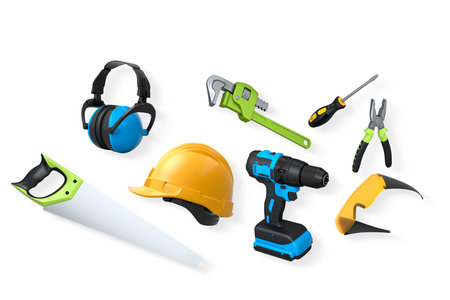 Collection of construction tools, helmets, and safety gear isolated on white background with clipping path, symbolizing work safety and building industryの写真素材