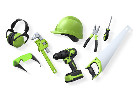 Collection of construction tools, helmets, and safety gear isolated on white background with clipping path, symbolizing work safety and building industryの写真素材