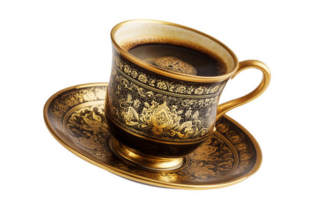 Golden coffee cup with intricate patterns filled with Arabic cardamom spiced dark coffee Qahwa placed on saucer isolated on white transparent backgroundの素材