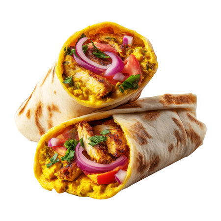Shish taouk grilled chicken kebab wrap filled with vegetables and herbs, isolated on white transparent background, concept of street fast food mealの素材