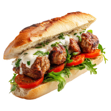 Sandwich with meatballs and vegetables isolated on a white background.の素材