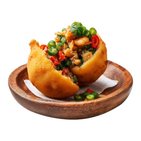 Fried bean fritters filled with shrimp, chopped green onions, and red chili peppers and vatapa on wooden plate isolated on white transparent background. Brazil Acarajeの素材