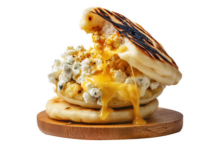 Gooey melted cheese-stuffed Arepas flatbreads stacked with fillings like beef, black beans, and cheese on wooden plate isolated on white transparent background. Concept of Venezuela street foodの素材
