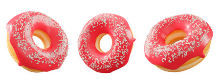 Donuts with red fruit glaze, sprinkles, and white drizzle isolated on white transparent background. 3d rendering and illustration of dessert varietyの写真素材