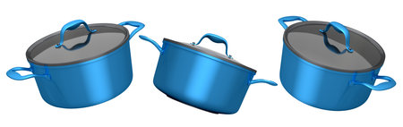 Set of stainless steel stewpot and chrome plated aluminum cookware on white background. 3d render of non-stick kitchen utensilsの写真素材