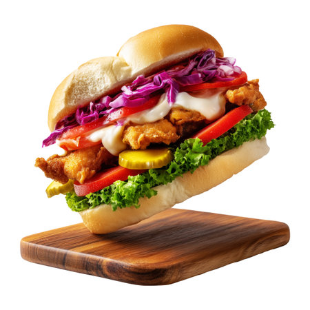 Milanesa chicken sandwich with beef lettuce, tomato, onions, pickles, and sauce isolated on white background, concept of fast foodの素材