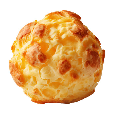 Small cheesy bread ball with golden crust and holes, isolated on white background, concept of Brazil Pao de Queijo foodの素材