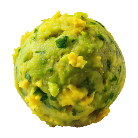 Mashed green plantains mixed with cheese or pork, shaped into balls, isolated on white background. Concept of vegetarian cuisineの素材