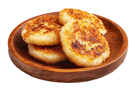 Crispy golden fried sago cakes on wooden plate isolated on white transparent background, concept of Papua New Guinea breakfast food.の素材