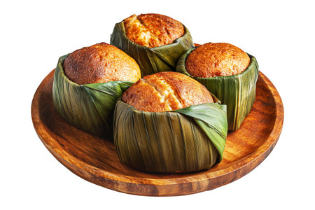 Coconut braided bread rolls wrapped in tropical green leaves, isolated on white transparent background, Papua New Guinea cuisineの素材