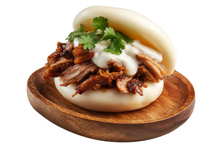 Polynesian steamed bao bun filled with shredded pork, creamy sauce, and cilantro leaves, isolated on white transparent background, concept of Polynesian Snacks Keke Pua street foodの素材