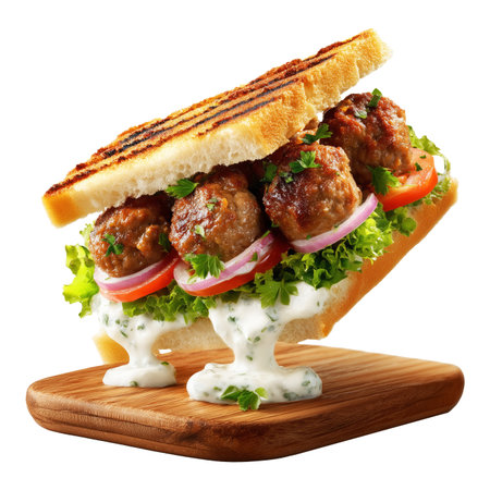 sandwich with meatballs and vegetables isolated on a white background.の素材