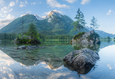 Mountain landscape and view of beautiful Hintersee lake in Berchtesgaden National Park, Upper Bavarian Alps, Germany, Europe. Beauty of nature concept background.の写真素材