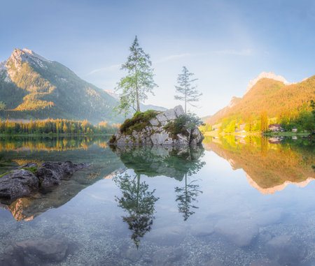 Mountain landscape and view of beautiful Hintersee lake in Berchtesgaden National Park, Upper...