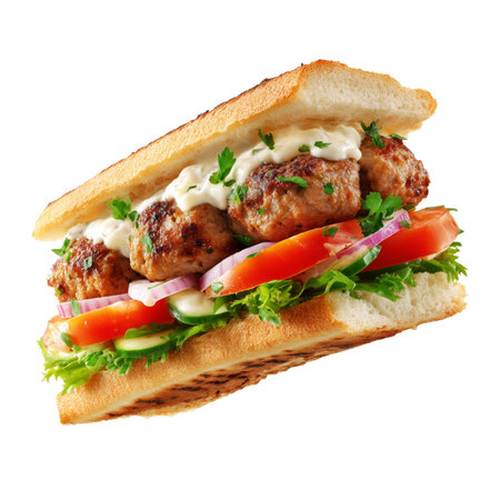 Sandwich with meatballs and vegetables isolated on a white background.の素材